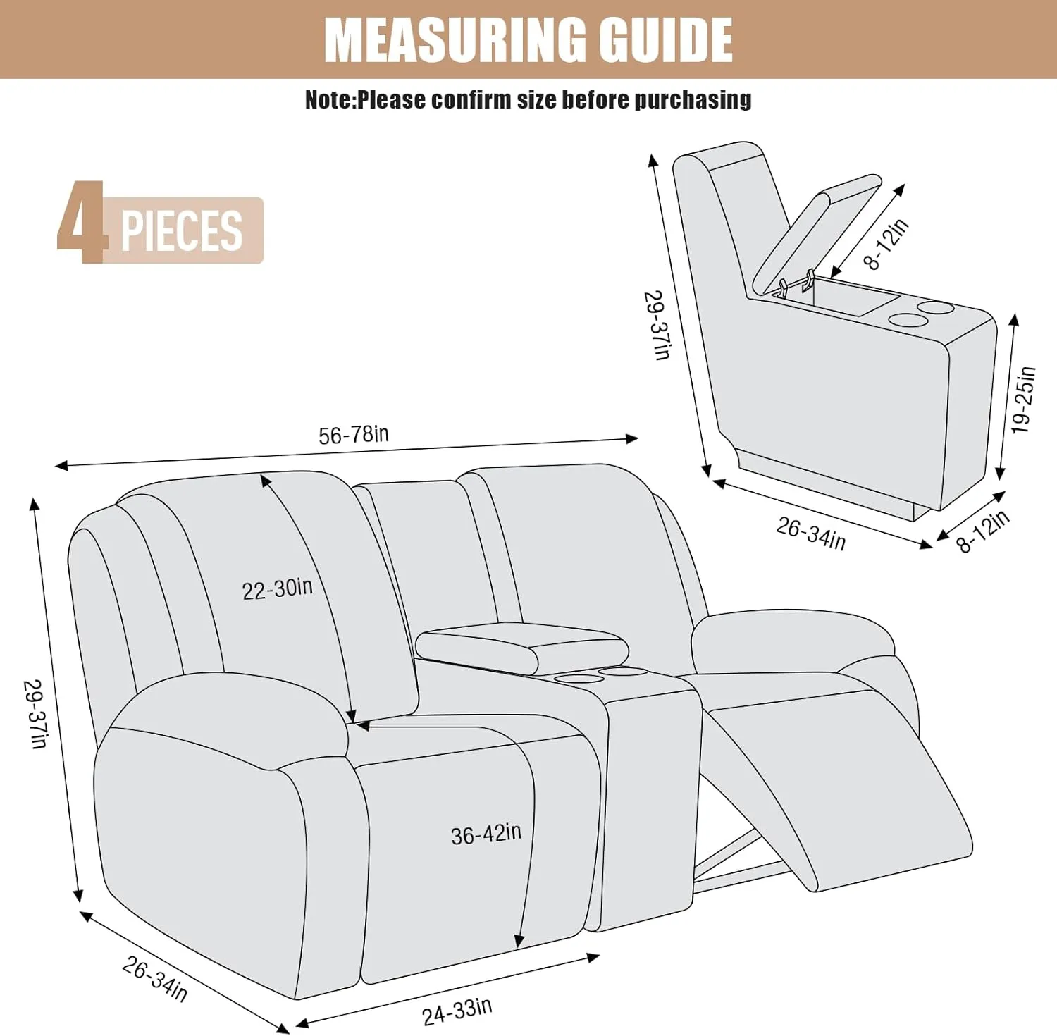 VANSOFY Recliner Loveseat Cover with Middle Console Stretch Reclining Sofa Slipcover for 2 Seat Jacquard Reclining Couch Sofa Covers Furniture Protector with Elastic Straps Bottom (Cream)