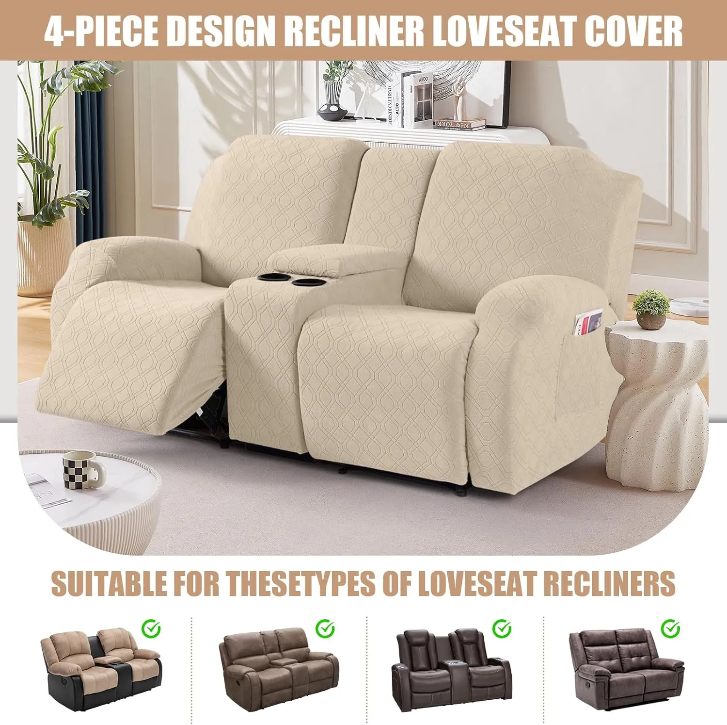 VANSOFY Recliner Loveseat Cover with Middle Console Stretch Reclining Sofa Slipcover for 2 Seat Jacquard Reclining Couch Sofa Covers Furniture Protector with Elastic Straps Bottom (Cream)