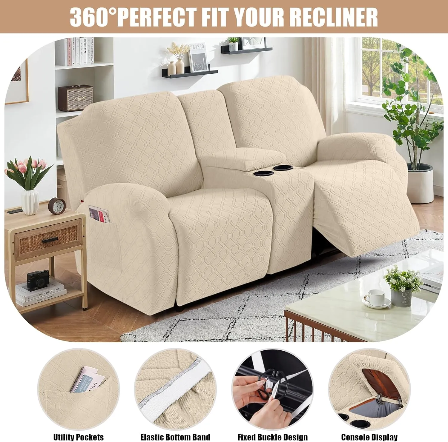 VANSOFY Recliner Loveseat Cover with Middle Console Stretch Reclining Sofa Slipcover for 2 Seat Jacquard Reclining Couch Sofa Covers Furniture Protector with Elastic Straps Bottom (Cream)