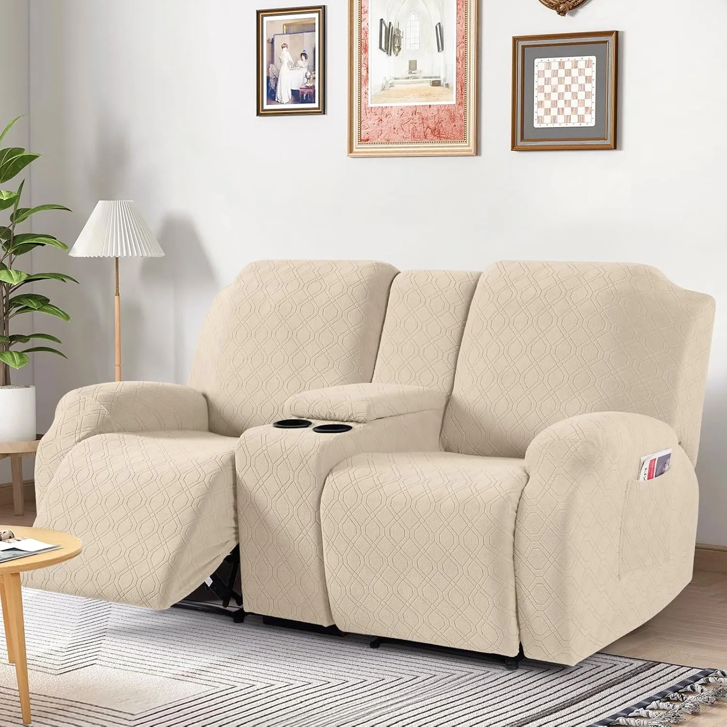 VANSOFY Recliner Loveseat Cover with Middle Console Stretch Reclining Sofa Slipcover for 2 Seat Jacquard Reclining Couch Sofa Covers Furniture Protector with Elastic Straps Bottom (Cream)