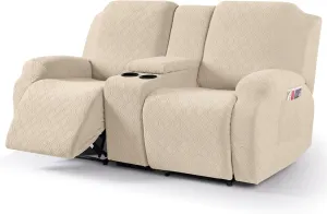 VANSOFY Recliner Loveseat Cover with Middle Console Stretch Reclining Sofa Slipcover for 2 Seat Jacquard Reclining Couch Sofa Covers Furniture Protector with Elastic Straps Bottom (Cream)