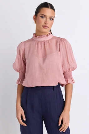 Verse Blush Pink Sheer High Neck Short Sleeve Top