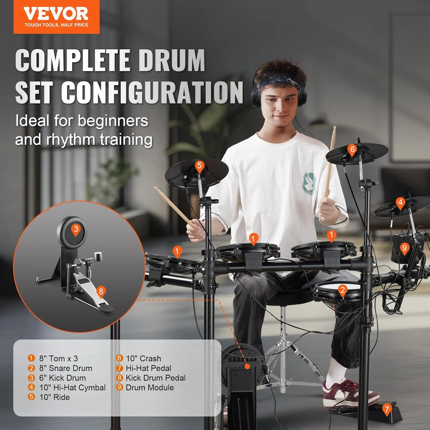 VEVOR Electric Drum Set, 32 Drum Kits & 480 Sounds Electronic Drum Kit, USB MIDI Supported 8 in Quiet Mesh Snare Electric Drum Set with 10 in Cymbals Drum Sticks & Headphone, for Beginners & Adults
