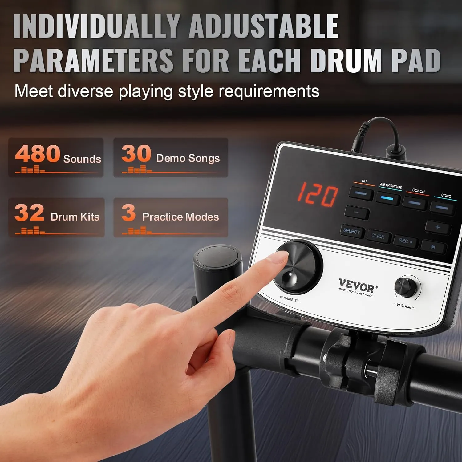 VEVOR Electric Drum Set, 32 Drum Kits & 480 Sounds Electronic Drum Kit, USB MIDI Supported 8 in Quiet Mesh Snare Electric Drum Set with 10 in Cymbals Drum Sticks & Headphone, for Beginners & Adults