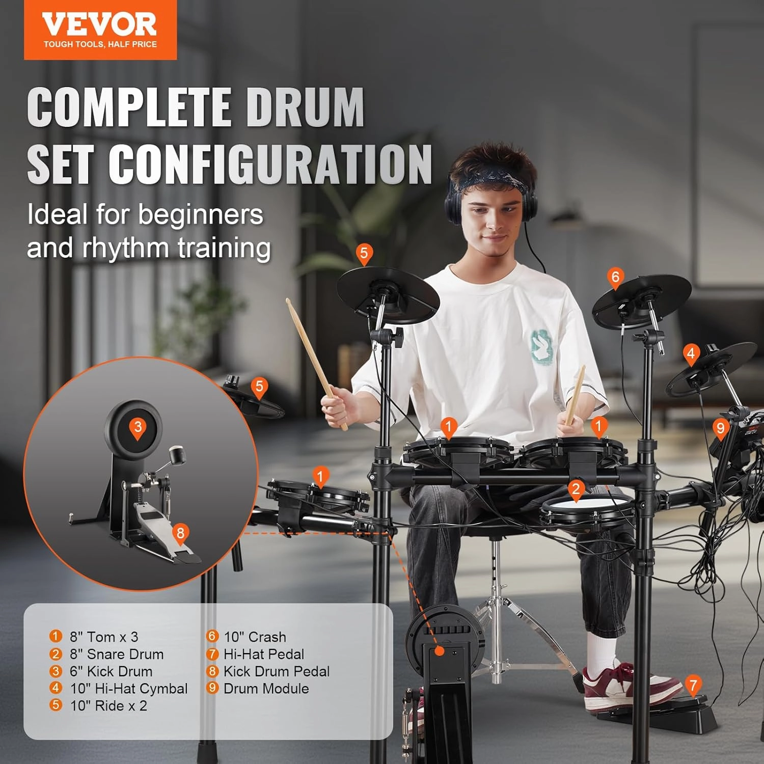 VEVOR Electric Drum Set, 32 Drum Kits & 480 Sounds Electronic Drum Kit, USB MIDI Supported 8'' Quiet Mesh Snare Electric Drum Set with 10'' Cymbals Drum Sticks & Headphone, for Beginners & Adults
