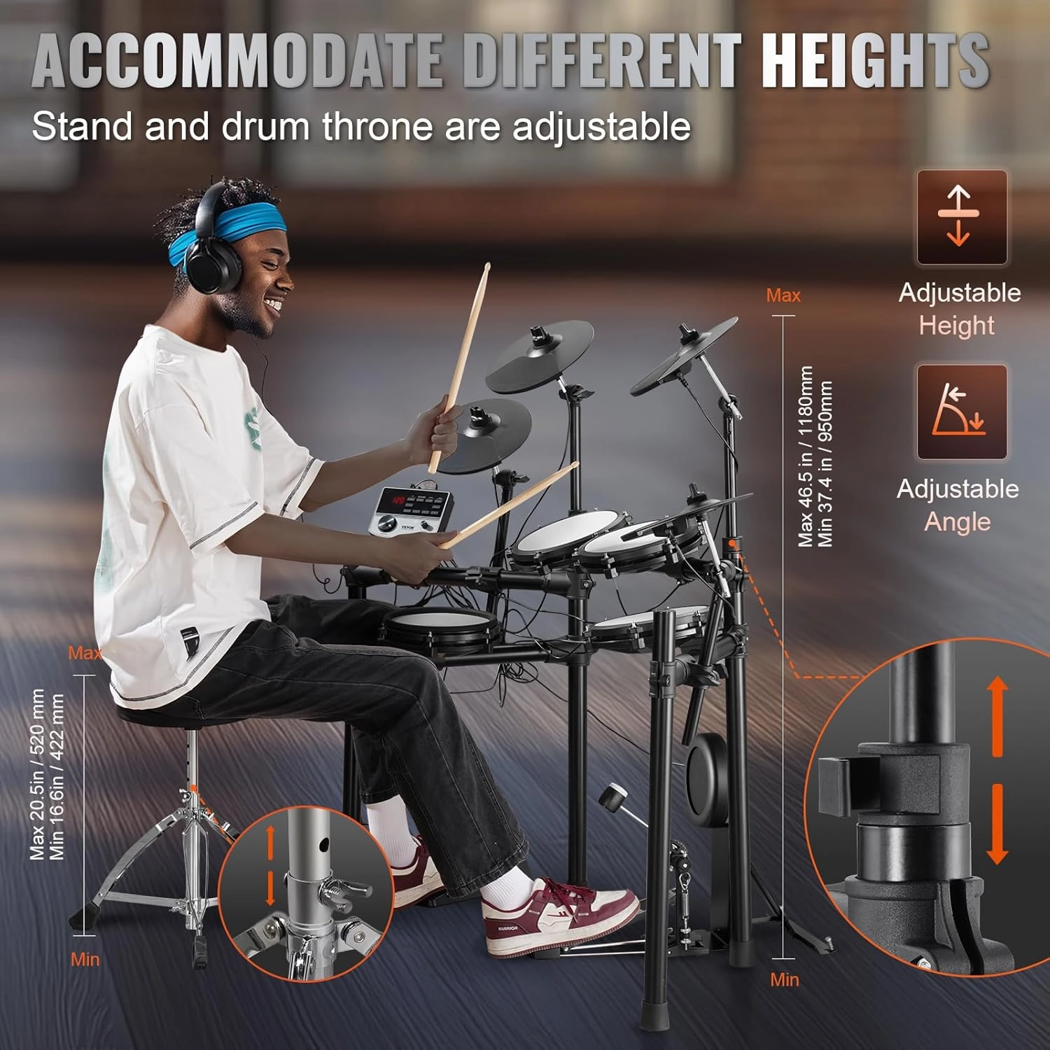 VEVOR Electric Drum Set, 32 Drum Kits & 480 Sounds Electronic Drum Kit, USB MIDI Supported 8'' Quiet Mesh Snare Electric Drum Set with 10'' Cymbals Drum Sticks & Headphone, for Beginners & Adults