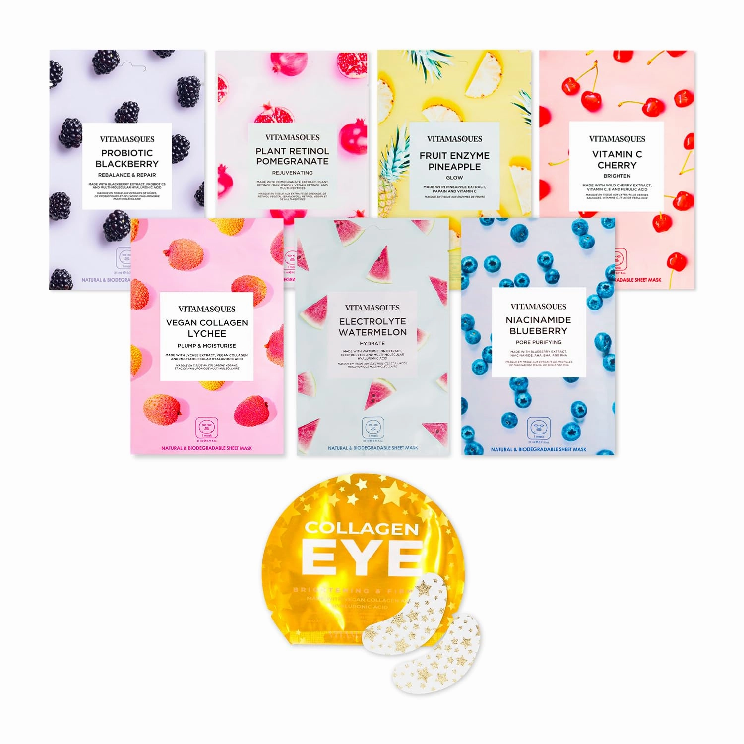 Vitamasques Juicy Face Sheet Mask Pack & Vegan Collagen Eye Pads Bundle