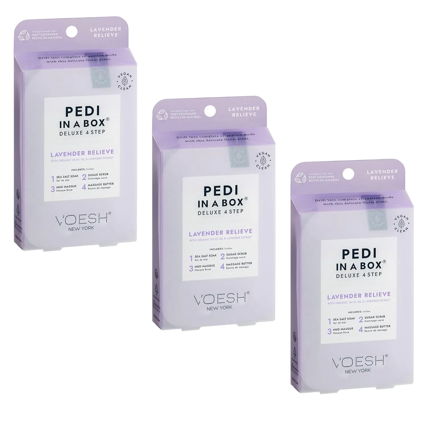 VOESH Pedi in a Box 4 Step Lavender - 3 Pack, Relaxing Spa Pedicure, At-Home Pedicure, DIY Pedi, Pedicure Supplies, Foot Care, Foot Spa, Vegan