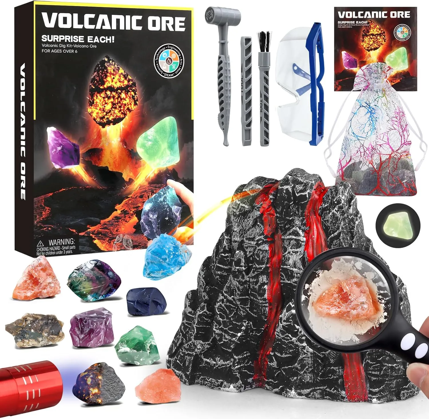 Volcano Dig Kit - 10 Rocks Excavation Kit, Gemstone Rocks for Kids, Fossil Volcano Toys Dig Kits for Rocks Collection, Volcano Toys for Boys Girls and up Year Old Birthday Gifts