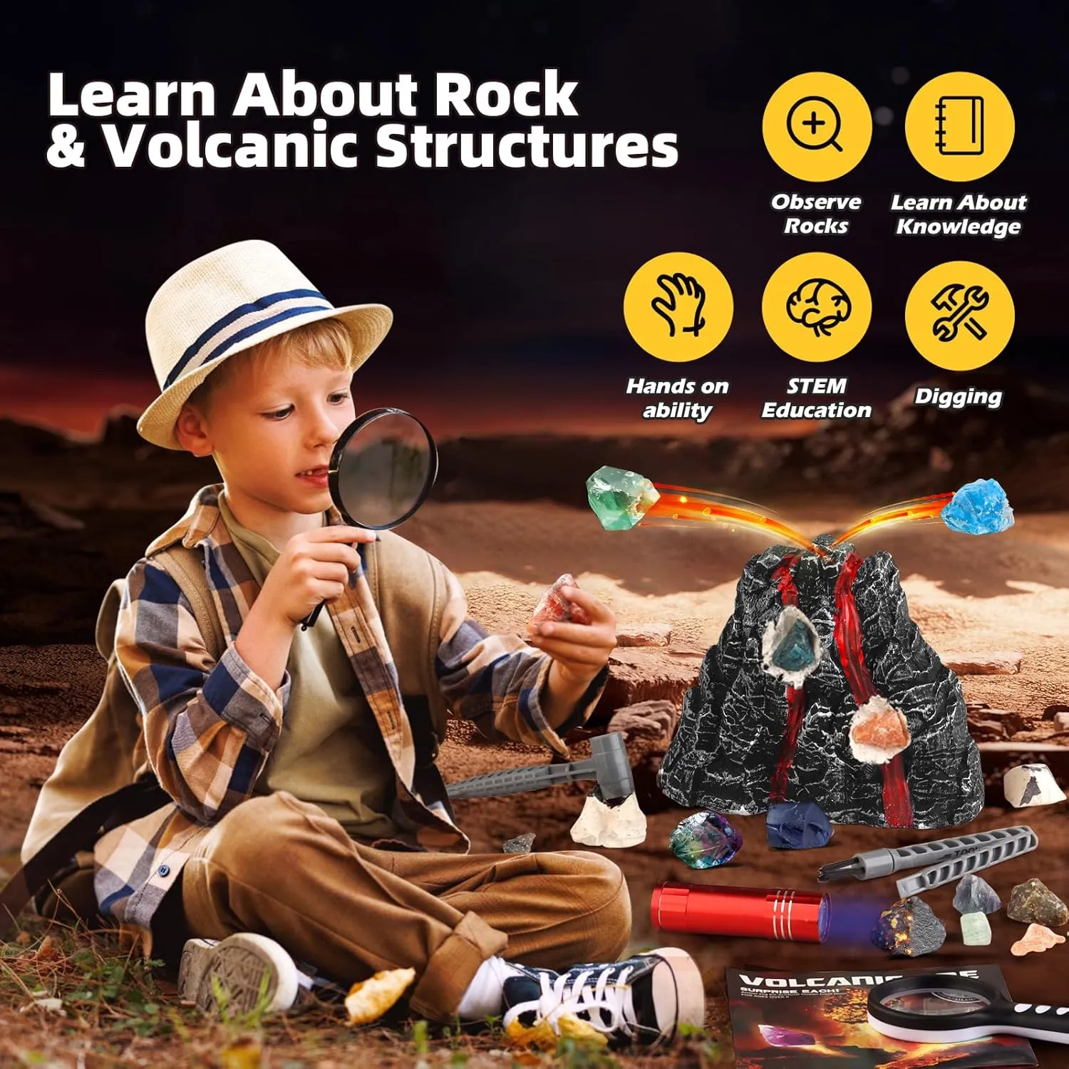 Volcano Dig Kit - 10 Rocks Excavation Kit, Gemstone Rocks for Kids, Fossil Volcano Toys Dig Kits for Rocks Collection, Volcano Toys for Boys Girls and up Year Old Birthday Gifts