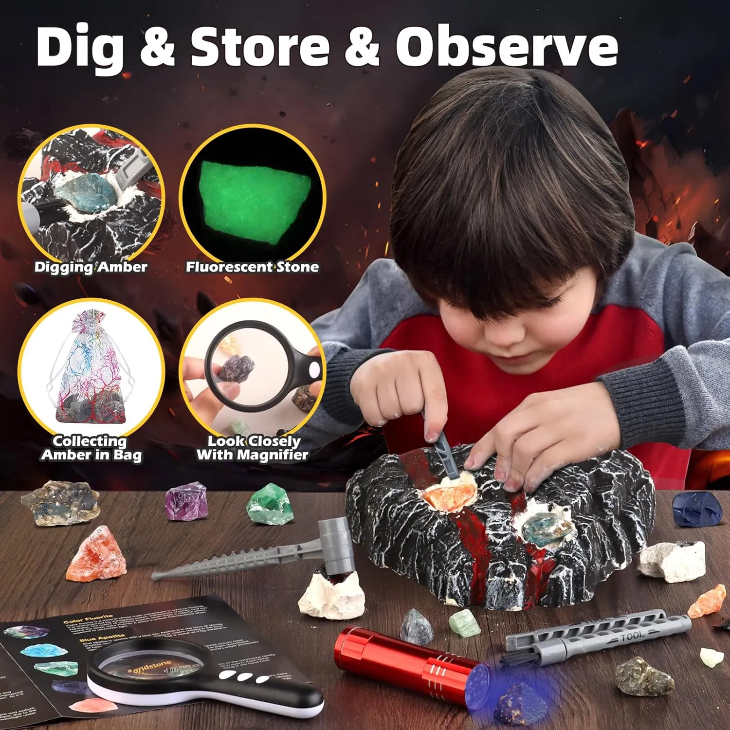 Volcano Dig Kit - 10 Rocks Excavation Kit, Gemstone Rocks for Kids, Fossil Volcano Toys Dig Kits for Rocks Collection, Volcano Toys for Boys Girls and up Year Old Birthday Gifts