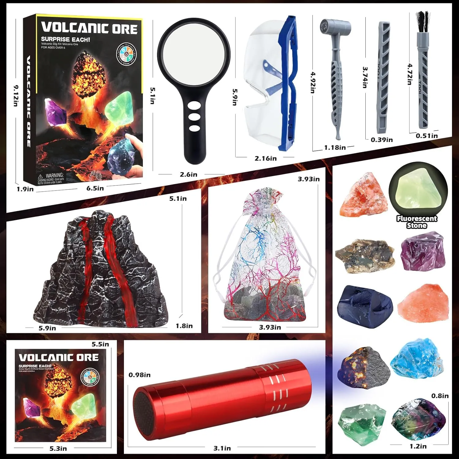 Volcano Dig Kit - 10 Rocks Excavation Kit, Gemstone Rocks for Kids, Fossil Volcano Toys Dig Kits for Rocks Collection, Volcano Toys for Boys Girls and up Year Old Birthday Gifts