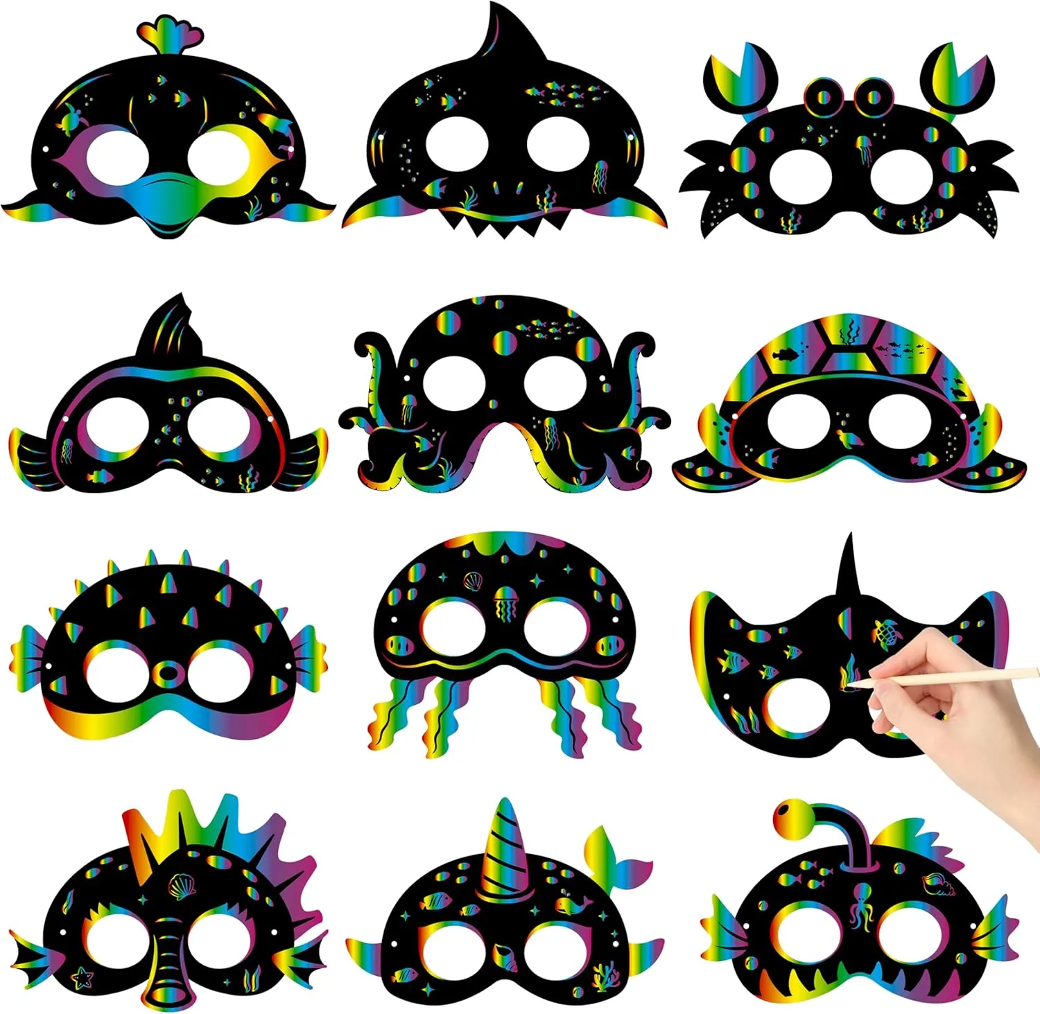 WATINC Ocean Animals Scratch Masks - 36pcs Summer Under The Sea Craft Kit for Kids, DIY Beach Sea Animal Scratch Off Card Art Magic Paper for Birthday Party Favors School Classroom Activity Project
