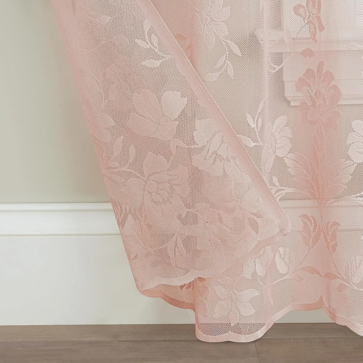 Waverly Sherry Lace Lightweight Elegant Floral Sheer Rod Pocket Cafe Window Curtain for Living Room (1 Panel), 54 in x 84 in, Blush
