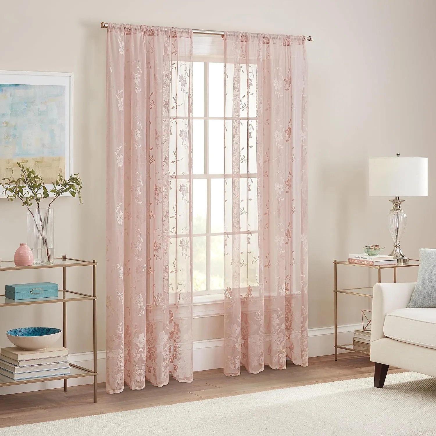 Waverly Sherry Lace Lightweight Elegant Floral Sheer Rod Pocket Cafe Window Curtain for Living Room (1 Panel), 54 in x 84 in, Blush