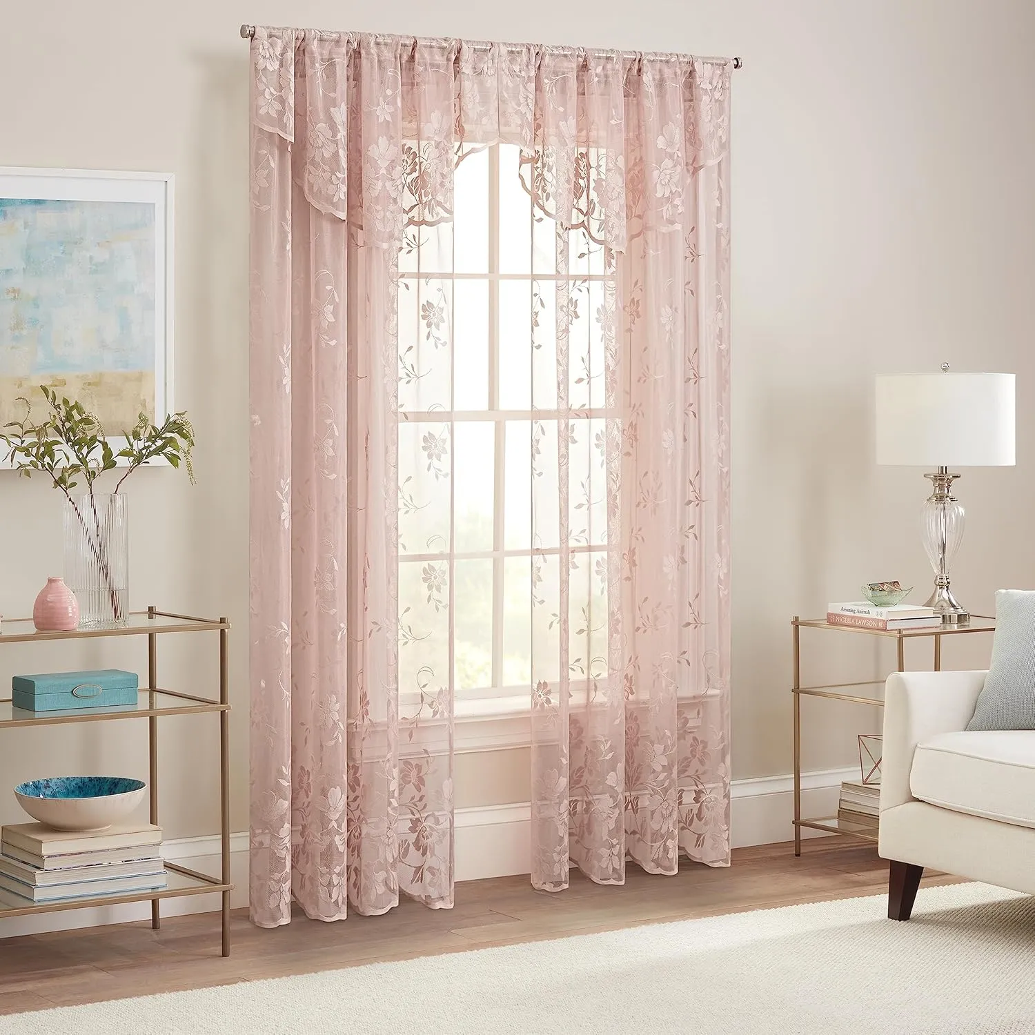 Waverly Sherry Lace Lightweight Elegant Floral Sheer Rod Pocket Cafe Window Curtain for Living Room (1 Panel), 54 in x 84 in, Blush