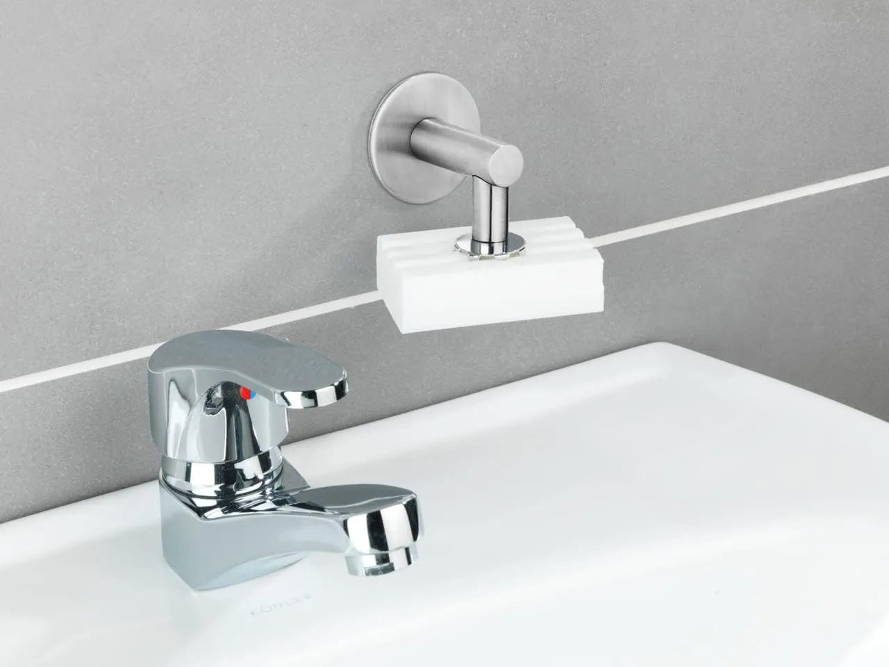 WENKO Stainless Steel Shiny Soap Holder with Magnet and Turbo-Loc Wall Mount for Gluing, Silver matt, 4,5 x 4 x 7 cm