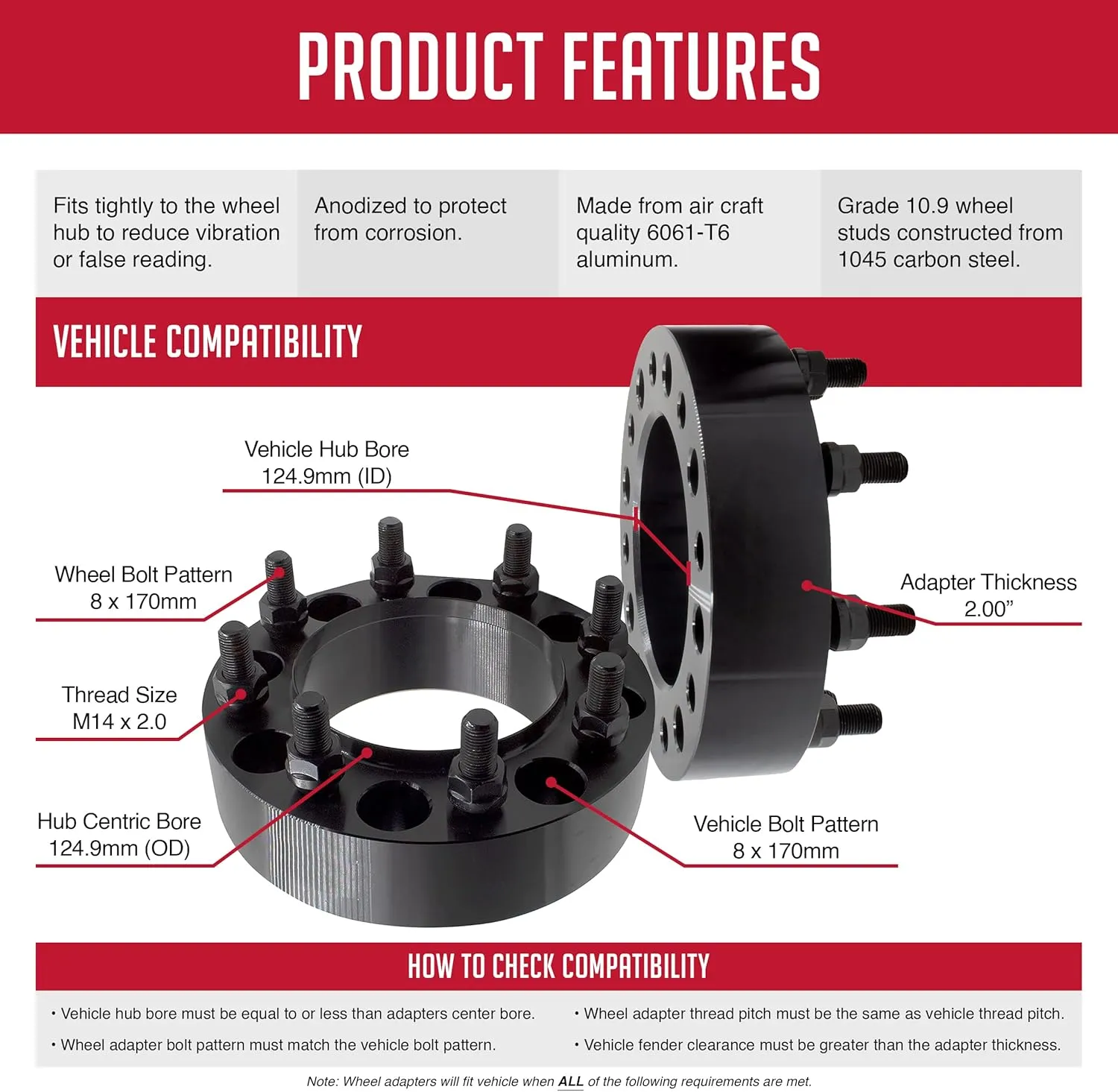 Wheel Accessories Parts 4 Pcs Hub Centric Wheel Spacers Adapters 8 on 170mm 2.00 Inch Thick M14 x 2.0 Thread Stud Fits 99-03 Ford F250 F350 Super Duty｜ Single Rear Wheel ｜ Dual Rear Wheel Front Only