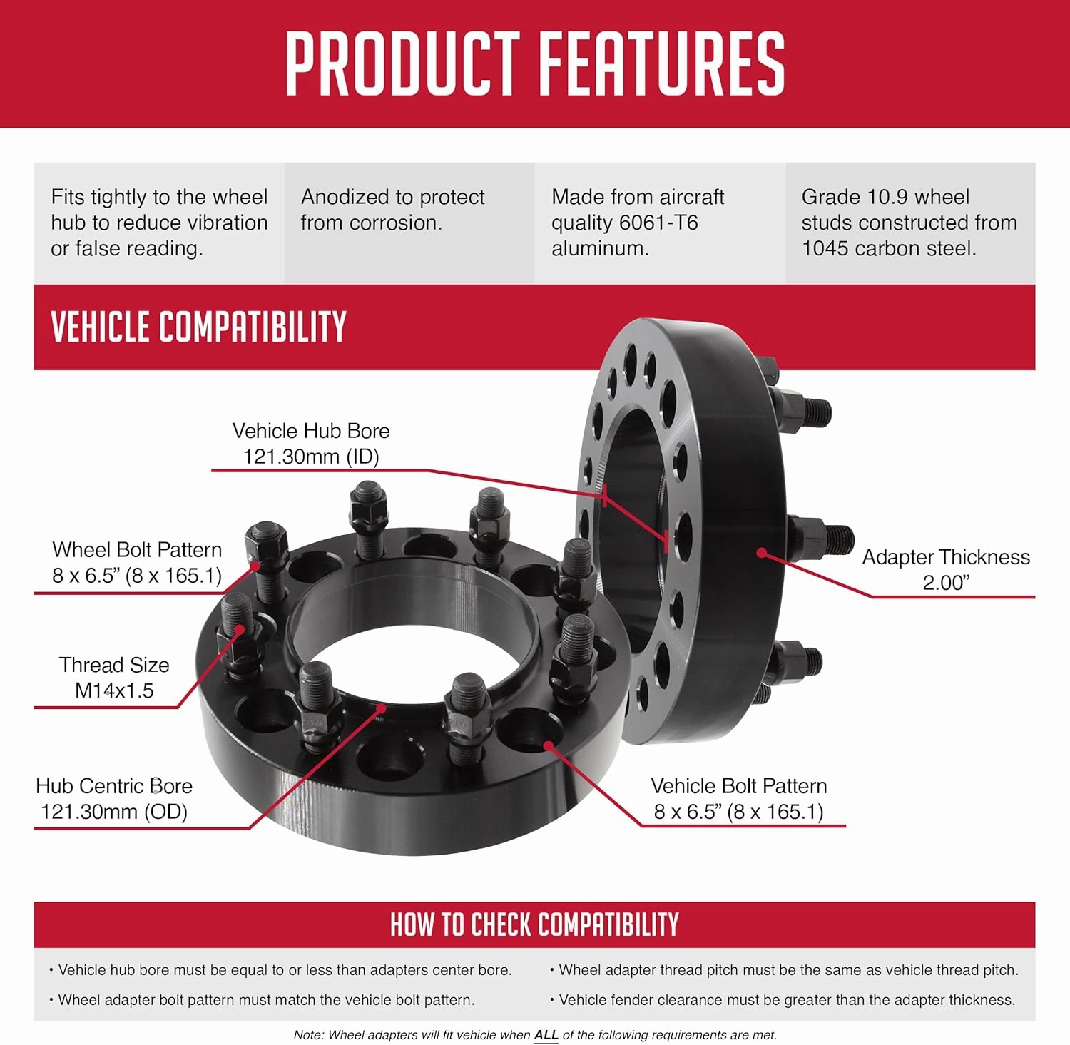 Wheel Accessories Parts 2 Pcs Hub Centric Wheel Spacers 8 on 6.50 2.00 Inch Thick M14x1.5 14x1.5 Thread Stud Fits 2011  Ram 2500 3500 Single Rear Wheel ｜ 2012-19 Dually Rear Wheel Front