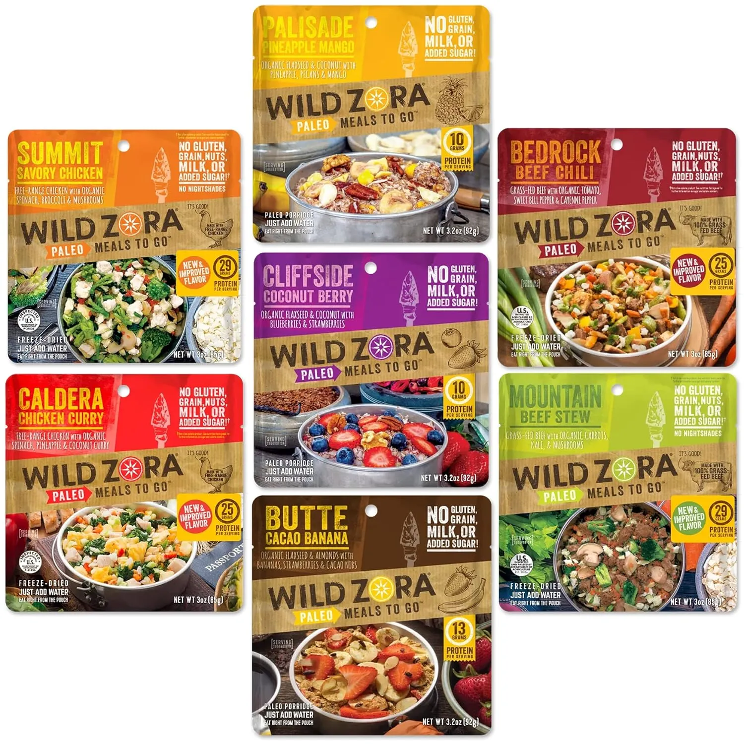 Wild Zora Paleo Freeze Dried Meals for Backpacking & Camping - Healthy Gluten Free & Grain Free Camping Meals/Backpacking Food   No Added Sugar - Includes Breakfast & Dinner Options (Variety 7-pack)