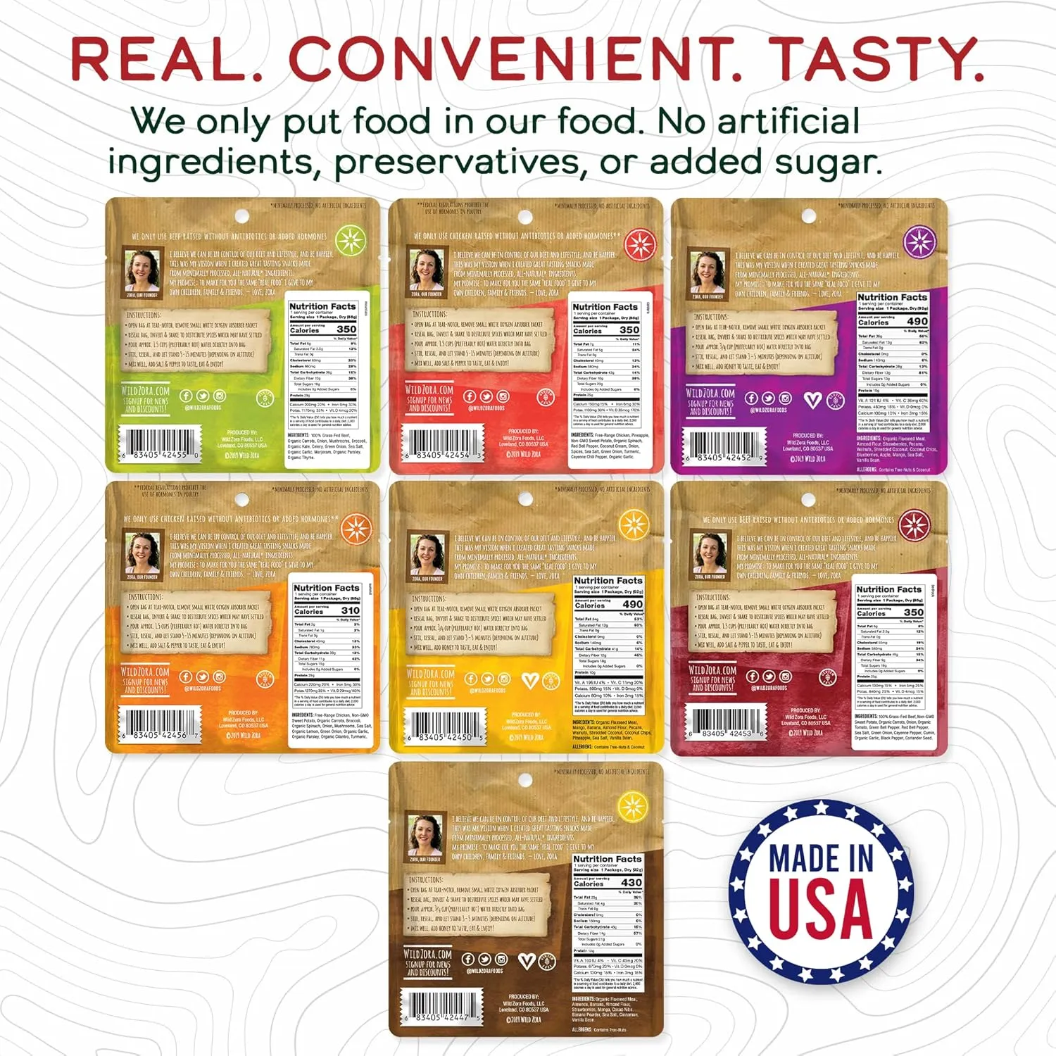 Wild Zora Paleo Freeze Dried Meals for Backpacking & Camping - Healthy Gluten Free & Grain Free Camping Meals/Backpacking Food   No Added Sugar - Includes Breakfast & Dinner Options (Variety 7-pack)