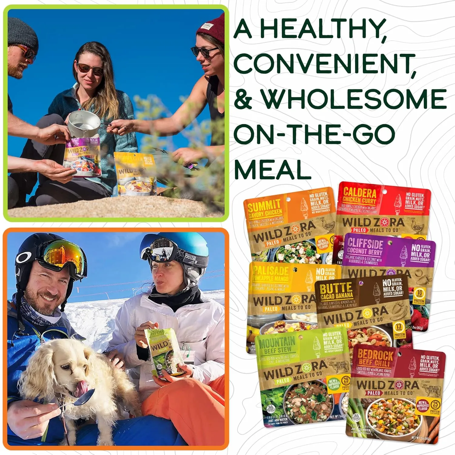 Wild Zora Paleo Freeze Dried Meals for Backpacking & Camping - Healthy Gluten Free & Grain Free Camping Meals/Backpacking Food   No Added Sugar - Includes Breakfast & Dinner Options (Variety 7-pack)