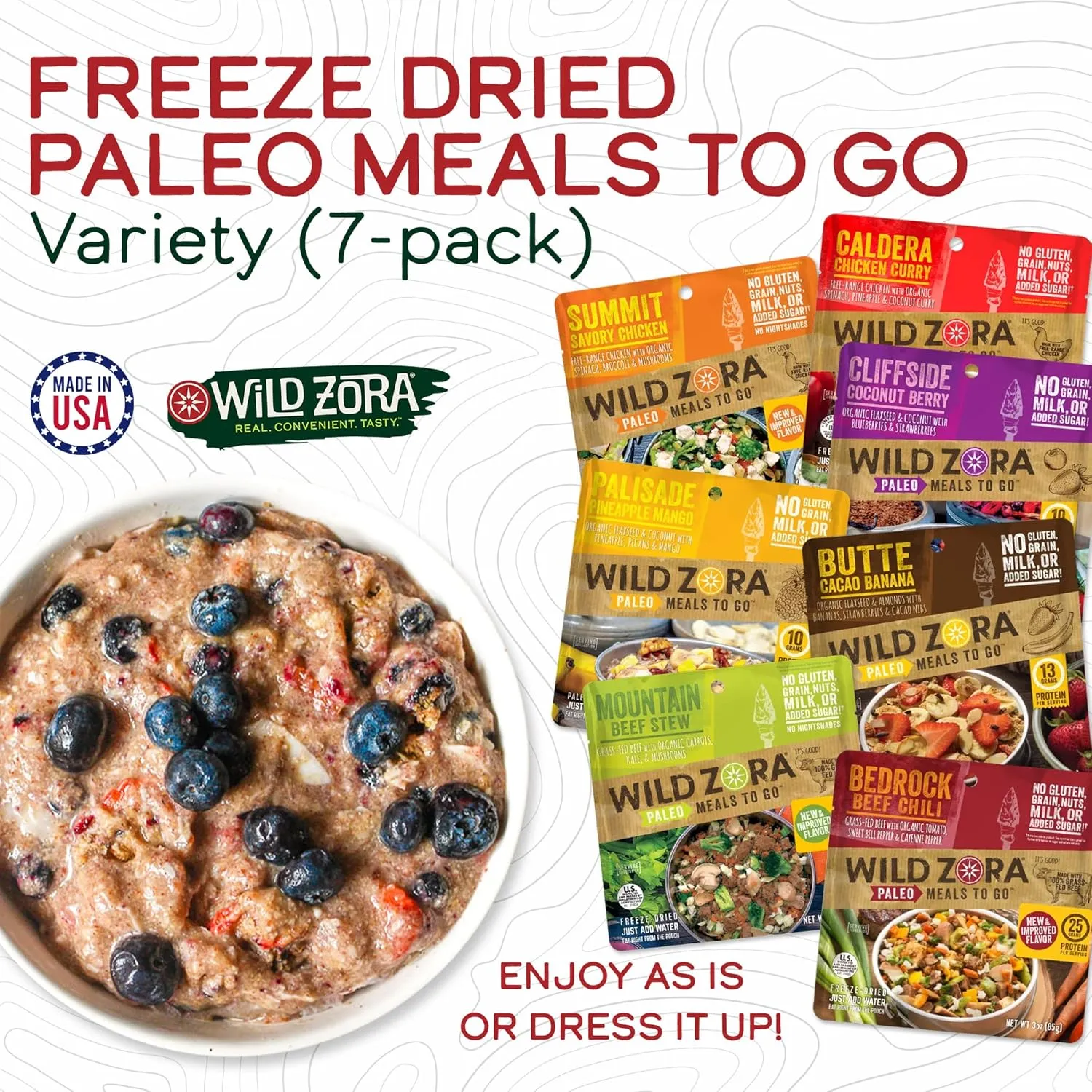 Wild Zora Paleo Freeze Dried Meals for Backpacking & Camping - Healthy Gluten Free & Grain Free Camping Meals/Backpacking Food   No Added Sugar - Includes Breakfast & Dinner Options (Variety 7-pack)
