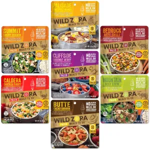 Wild Zora Paleo Freeze Dried Meals for Backpacking & Camping - Healthy Gluten Free & Grain Free Camping Meals/Backpacking Food   No Added Sugar - Includes Breakfast & Dinner Options (Variety 7-pack)