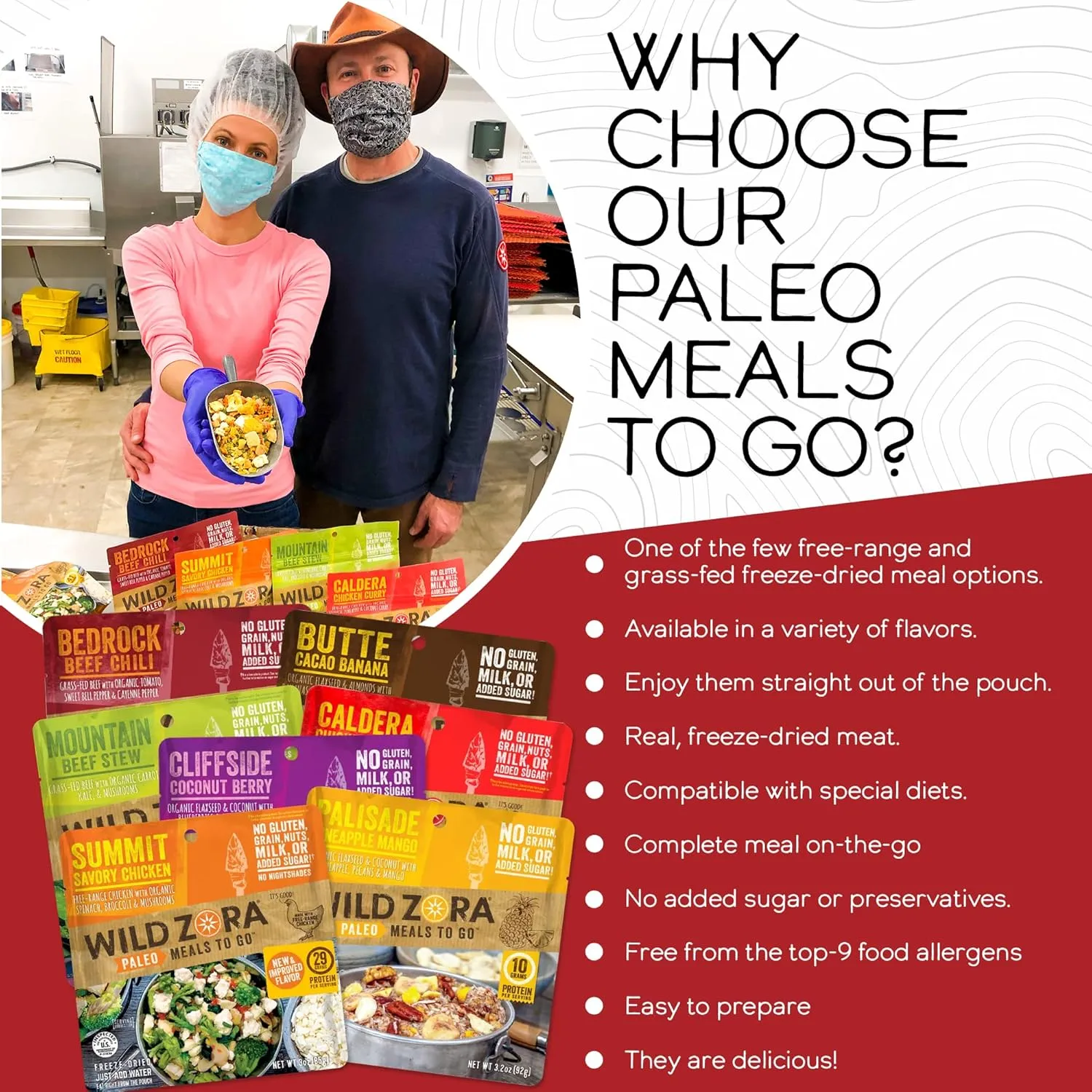 Wild Zora Paleo Freeze Dried Meals for Backpacking & Camping - Healthy Gluten Free & Grain Free Camping Meals/Backpacking Food   No Added Sugar - Includes Breakfast & Dinner Options (Variety 7-pack)