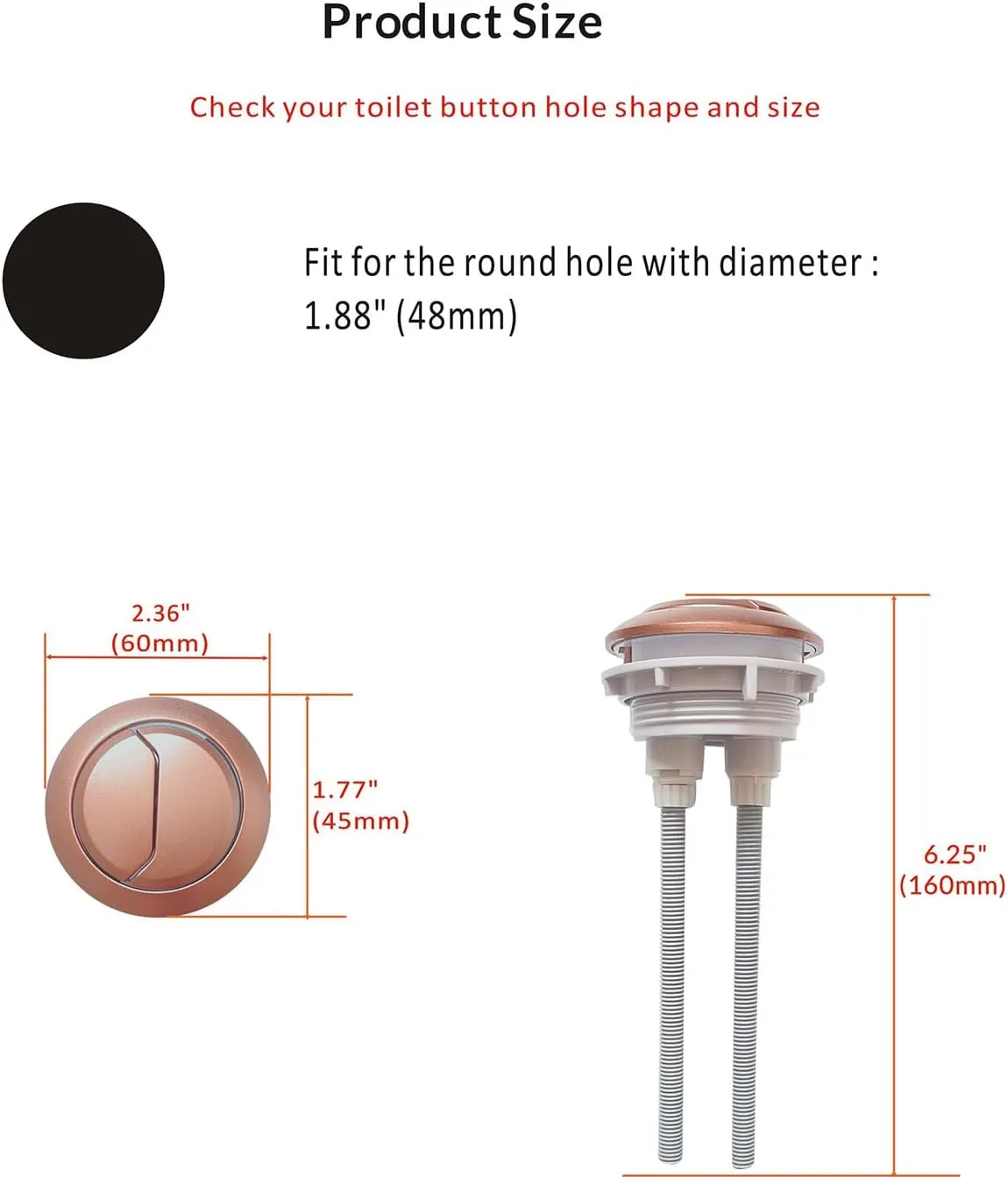 WinZo BT019RG Toilet Tank Round Dual Flush Push Button with Thread Diameter 48mm (1.88") Tank Valve Replacement Part Kits,Rose Gold