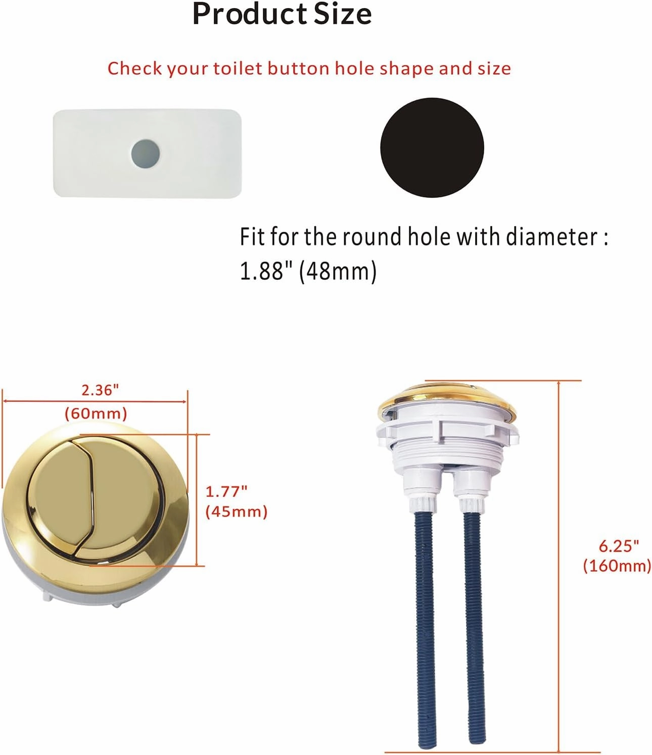 WinZo Round Golden Push Button for Toilet Dual Flush Tank Circle Hole 48mm /1.88" Thread Replacement Kits