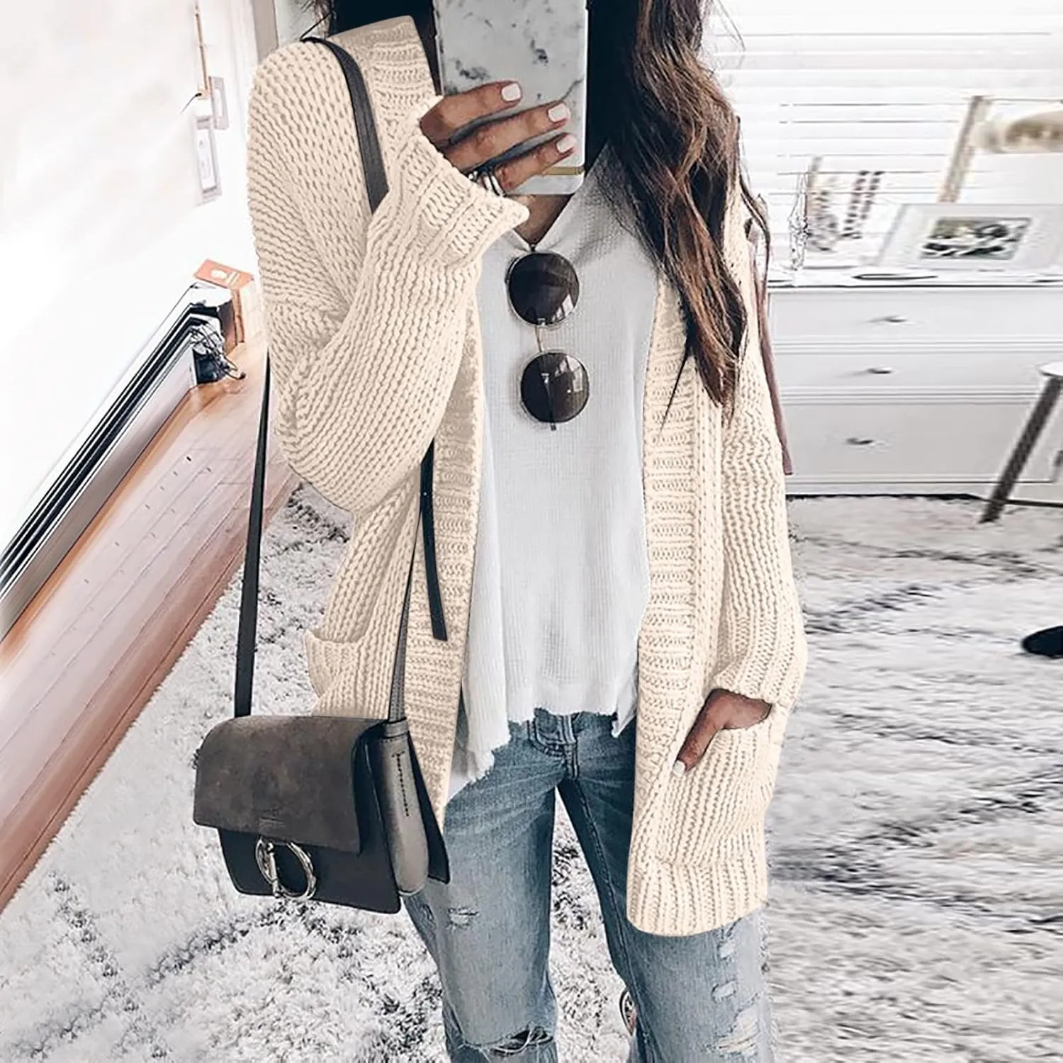 Womens Open Front Knit Sheer Cardigans Front Button Cardigan with Pockets Casual Duster Women's Cardigan Sweater