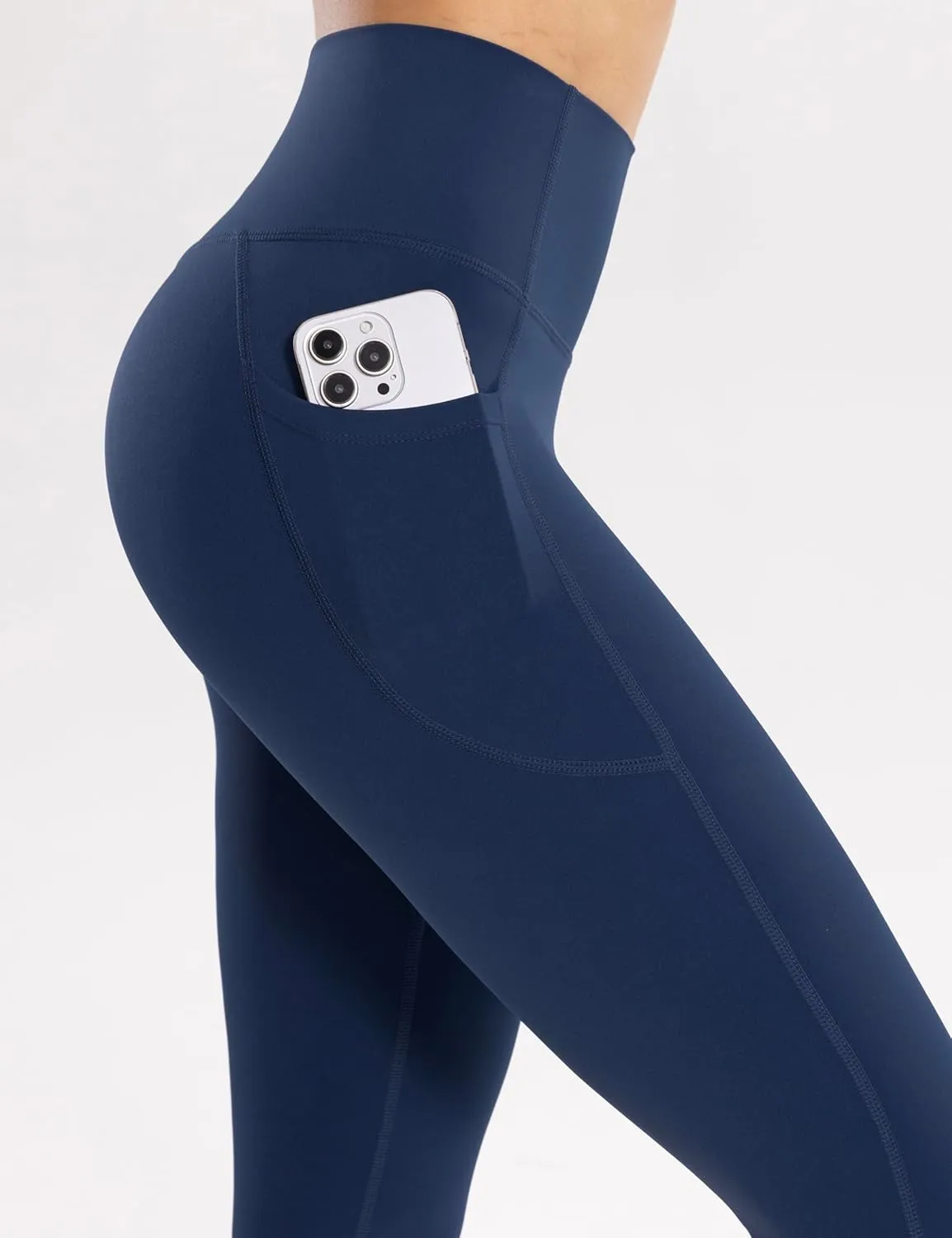 Women's Workout Leggings with Pockets High Waist Yoga Pants 28" Cream Soft Athletic Lightweight Tights Full Length