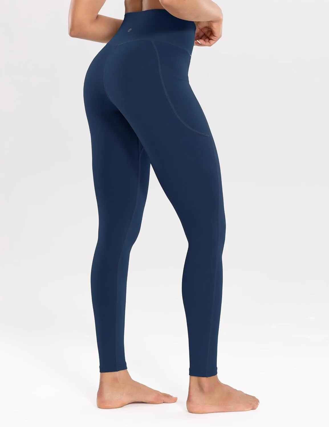 Women's Workout Leggings with Pockets High Waist Yoga Pants 28" Cream Soft Athletic Lightweight Tights Full Length