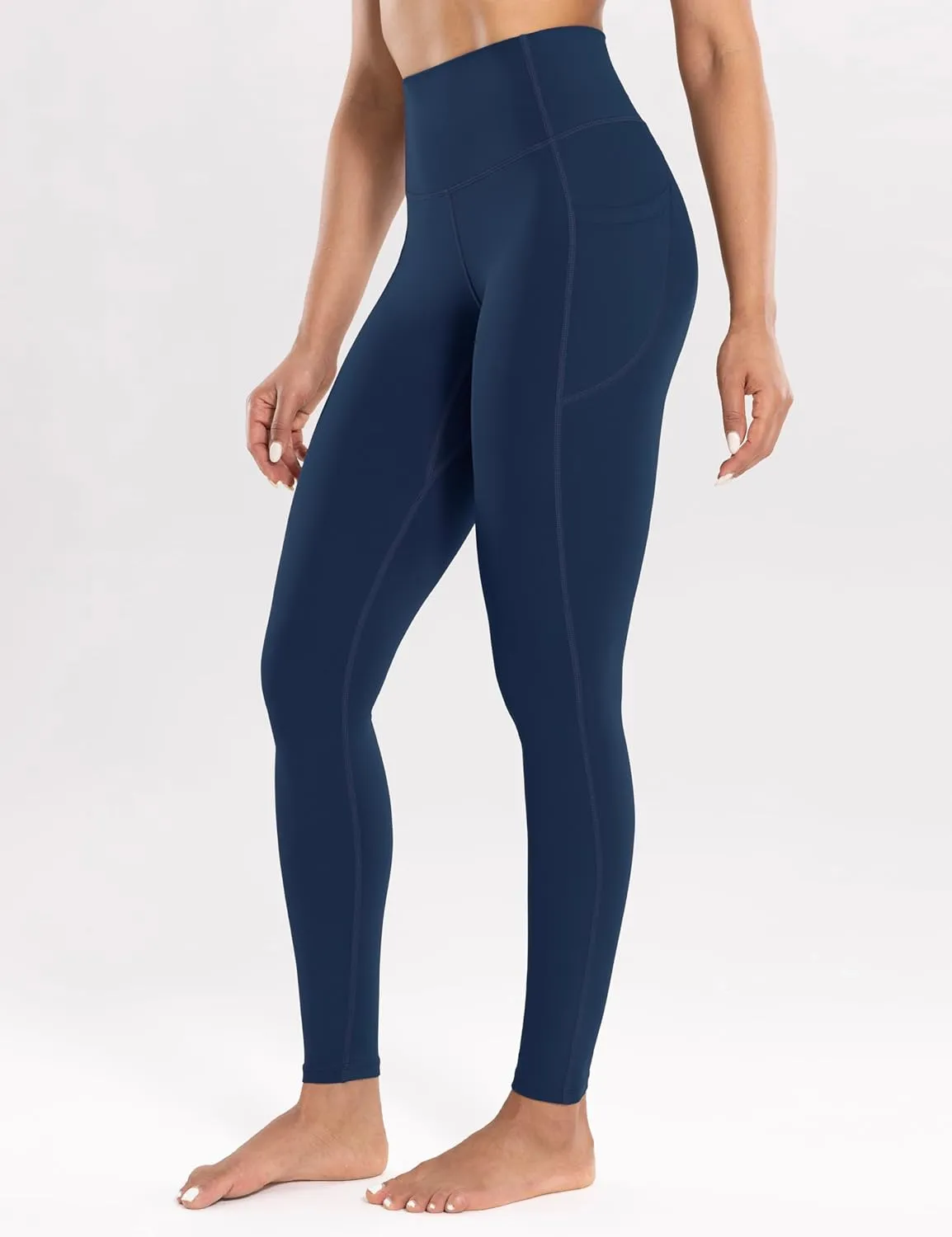 Women's Workout Leggings with Pockets High Waist Yoga Pants 28" Cream Soft Athletic Lightweight Tights Full Length
