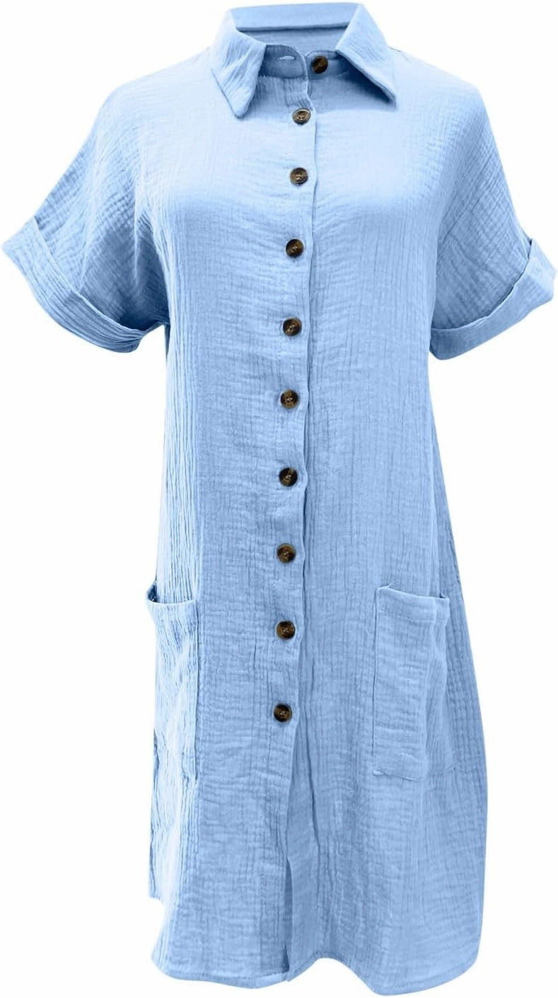 Womens Summer Dresses Casual Roll Up Short Sleeve Knee Length Cotton Linen Button Down Tunic Shirt Dress with Pockets