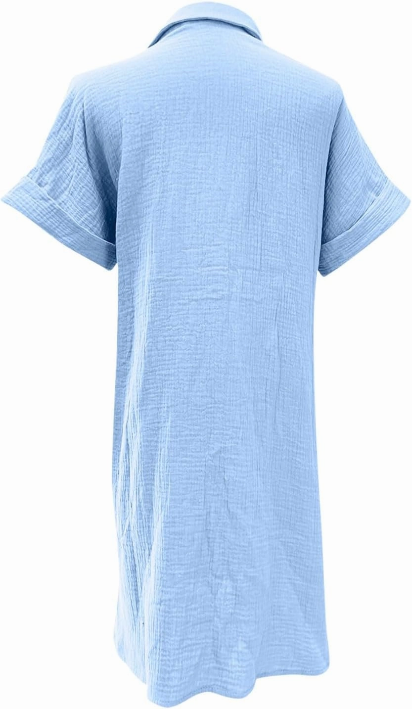 Womens Summer Dresses Casual Roll Up Short Sleeve Knee Length Cotton Linen Button Down Tunic Shirt Dress with Pockets