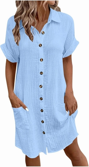 Womens Summer Dresses Casual Roll Up Short Sleeve Knee Length Cotton Linen Button Down Tunic Shirt Dress with Pockets